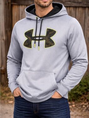 Under Armour Men's Light Gray Hoodie with Camo Logo and Black Lined Hood